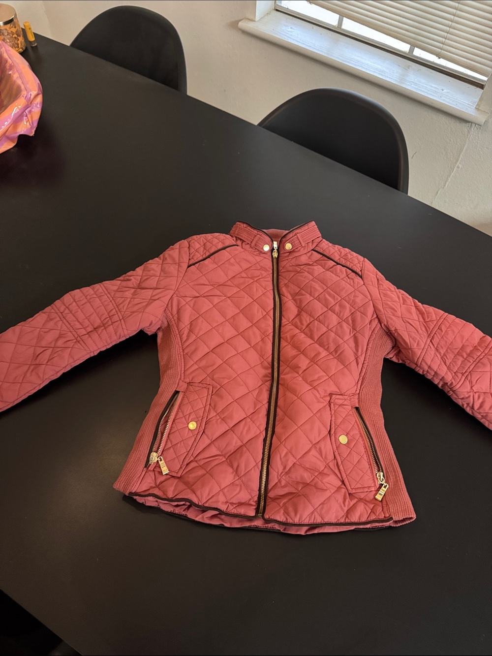 Active USA Quilted Pink Puffer Jacket with Gold Hardware